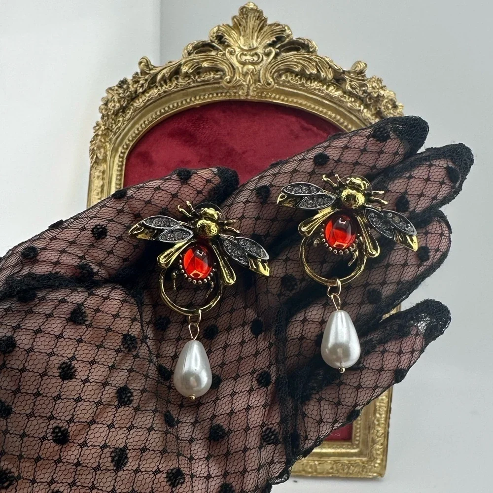 Vintage Luxury Honeybee Gold Red Pearl Drop Earrings